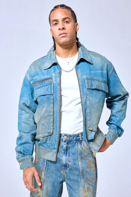 OEM Custom Logo Vintage Washed Denim Work Jacket - Streetwear Zip-Up Utility Trucker Coat