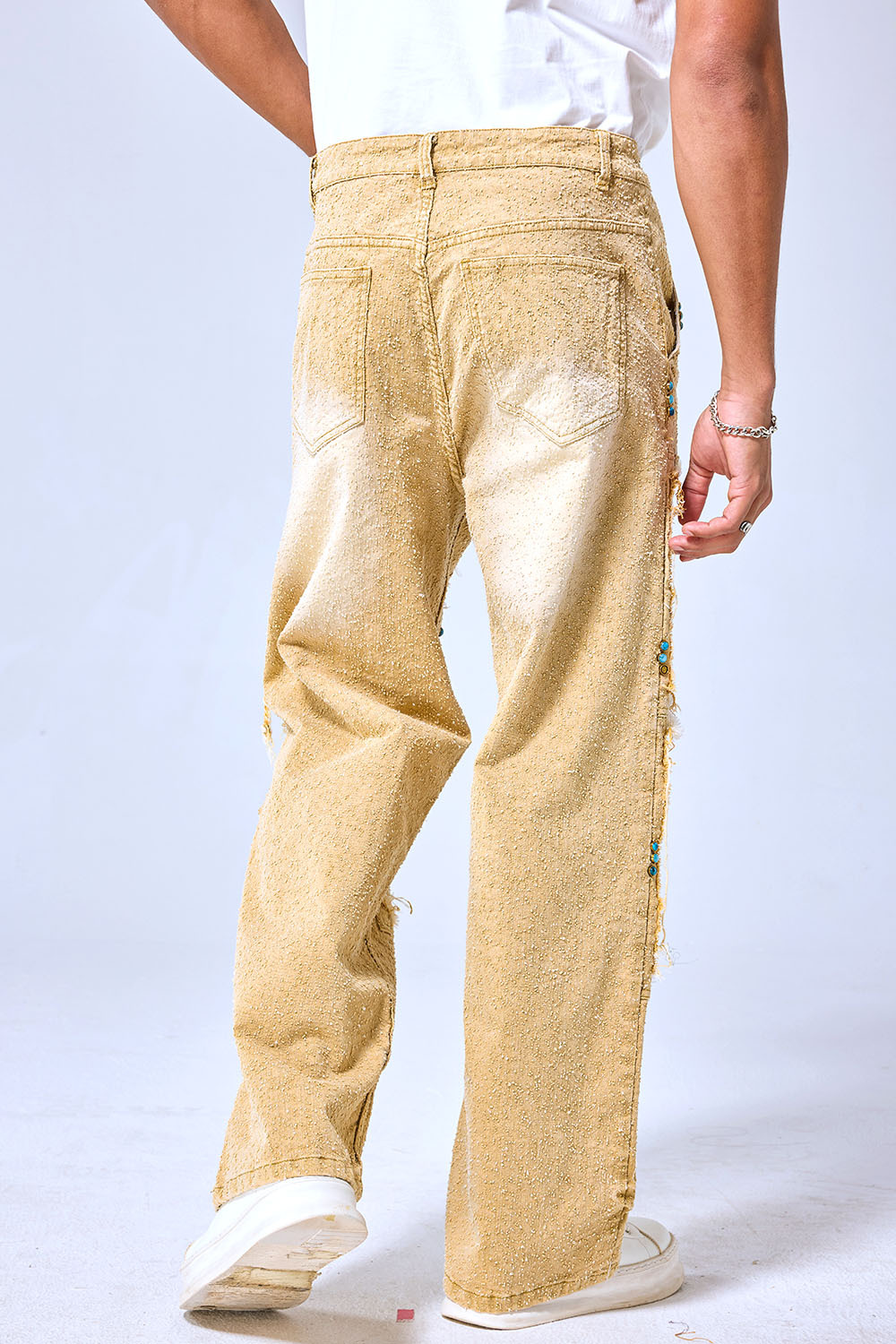 OEM Custom Turquoise Studded Patchwork Baggy Jeans - Vintage Sand Wash Wide Leg Streetwear Denim Pants