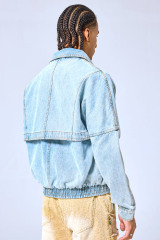 OEM Custom Logo Light Wash Denim Bomber Jacket - Streetwear Multi-Zip Deconstructed Coat