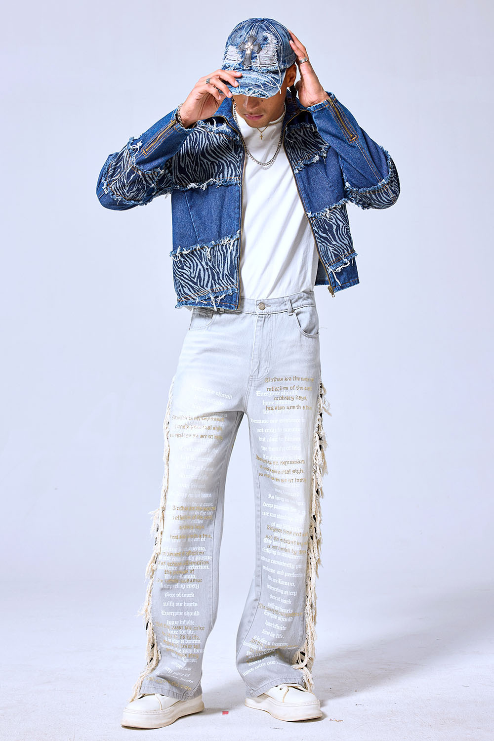 OEM Custom Zebra Print Patchwork Denim Jacket - Distressed Raw Edge Streetwear Zip-Up Coat