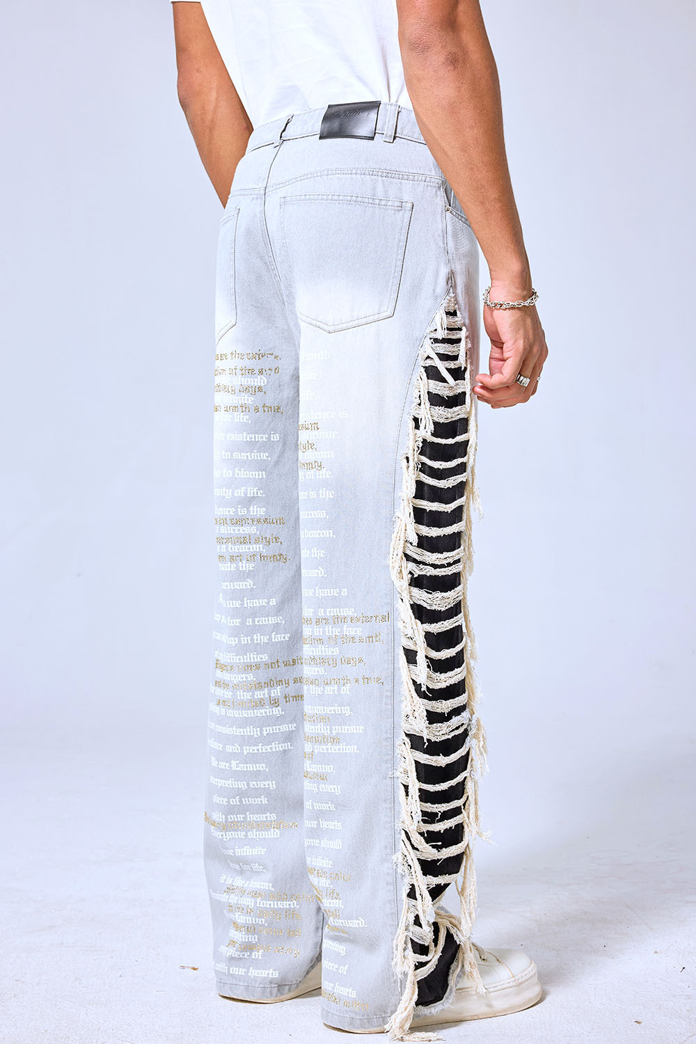 OEM Custom Embroidered Poem Baggy Jeans - Light Wash Fringe Side Stripe Streetwear Denim Pants