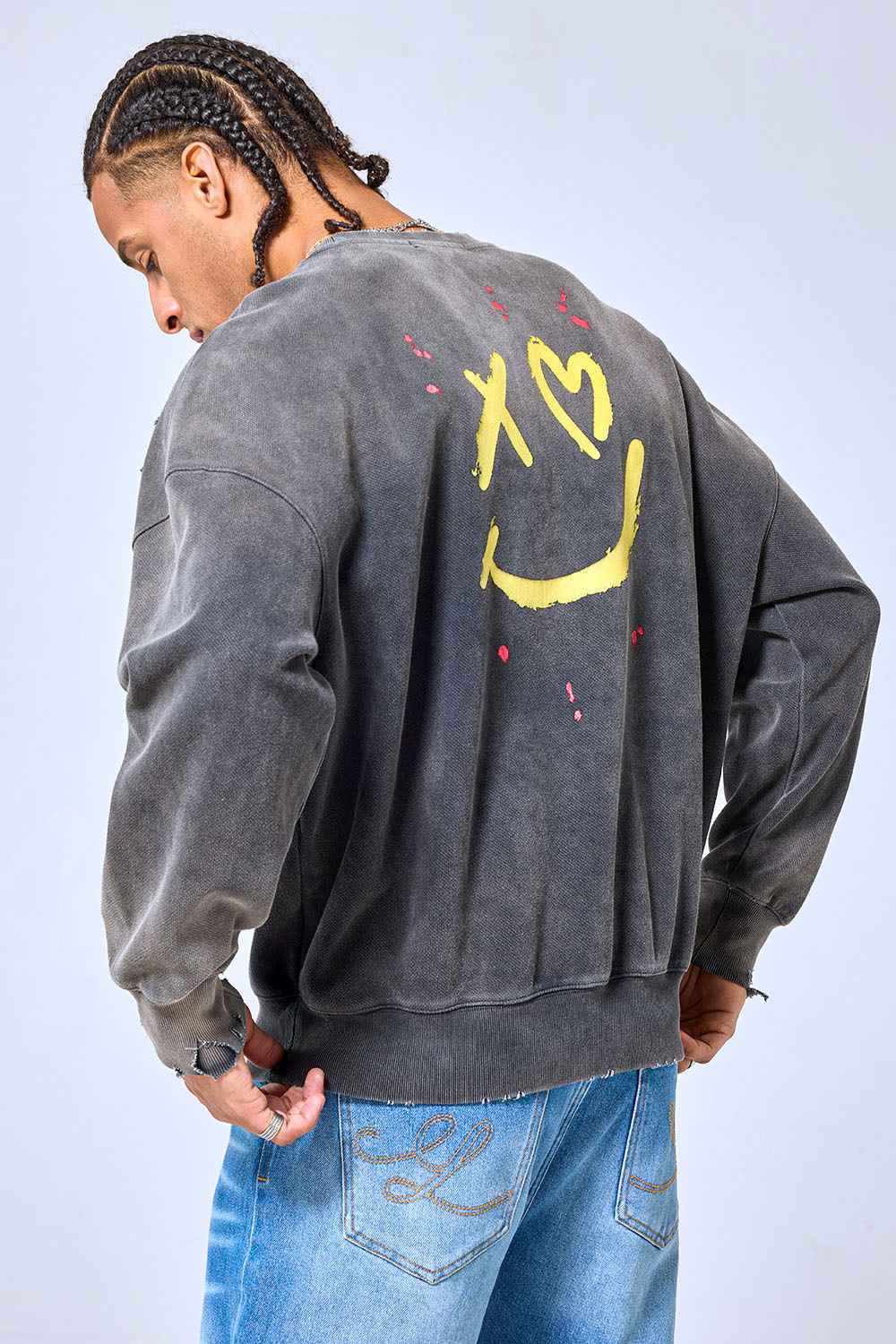 OEM Custom Melting Smiley Distressed Crewneck Sweatshirt - Vintage Washed Black Streetwear Pullover
