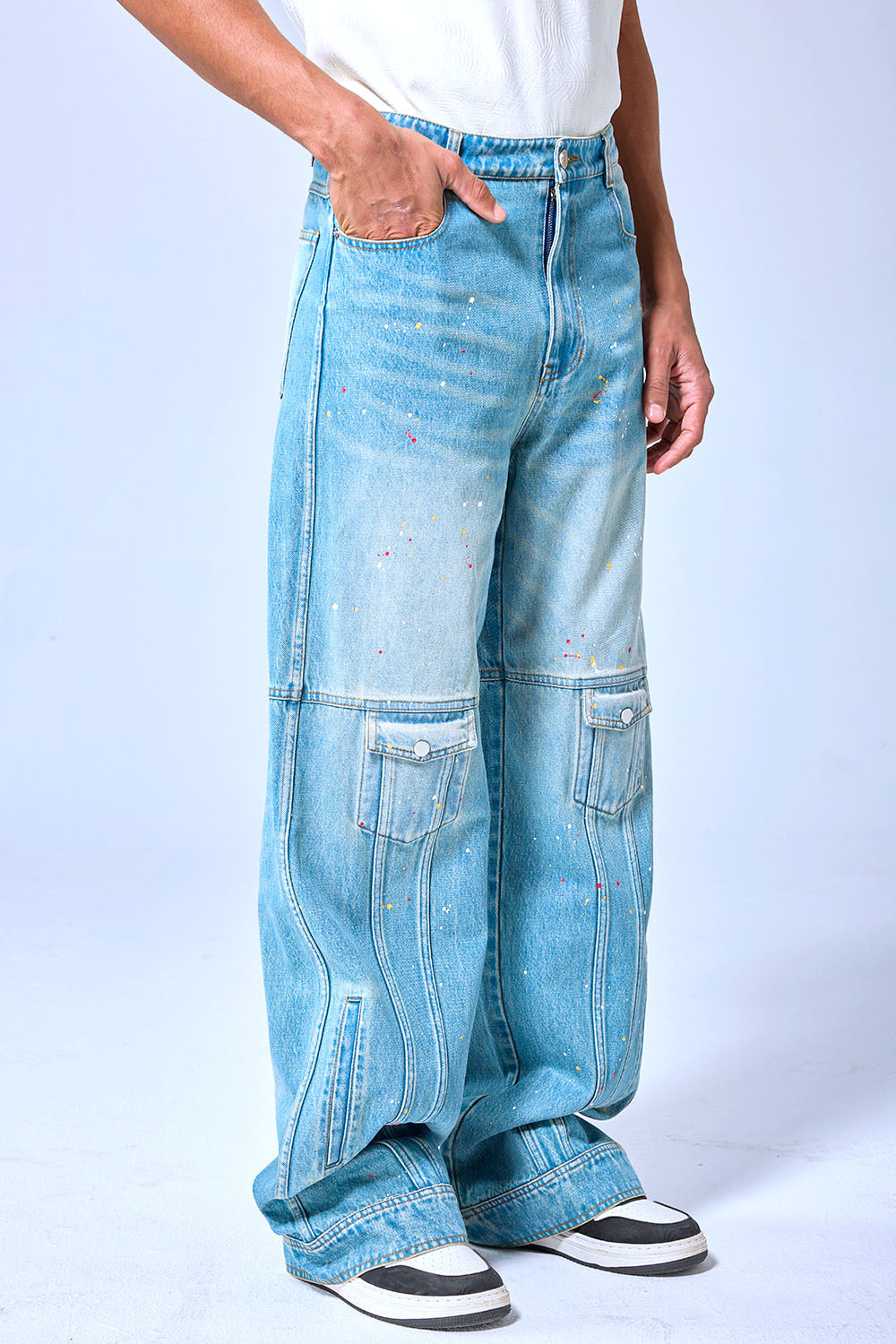 OEM Custom Logo Vintage Light Wash Paint Splatter Cargo Wide Leg Denim Pants Streetwear Baggy Jeans