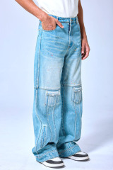 OEM Custom Logo Vintage Light Wash Paint Splatter Cargo Wide Leg Denim Pants Streetwear Baggy Jeans