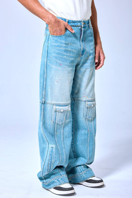 OEM Custom Logo Vintage Light Wash Paint Splatter Cargo Wide Leg Denim Pants Streetwear Baggy Jeans
