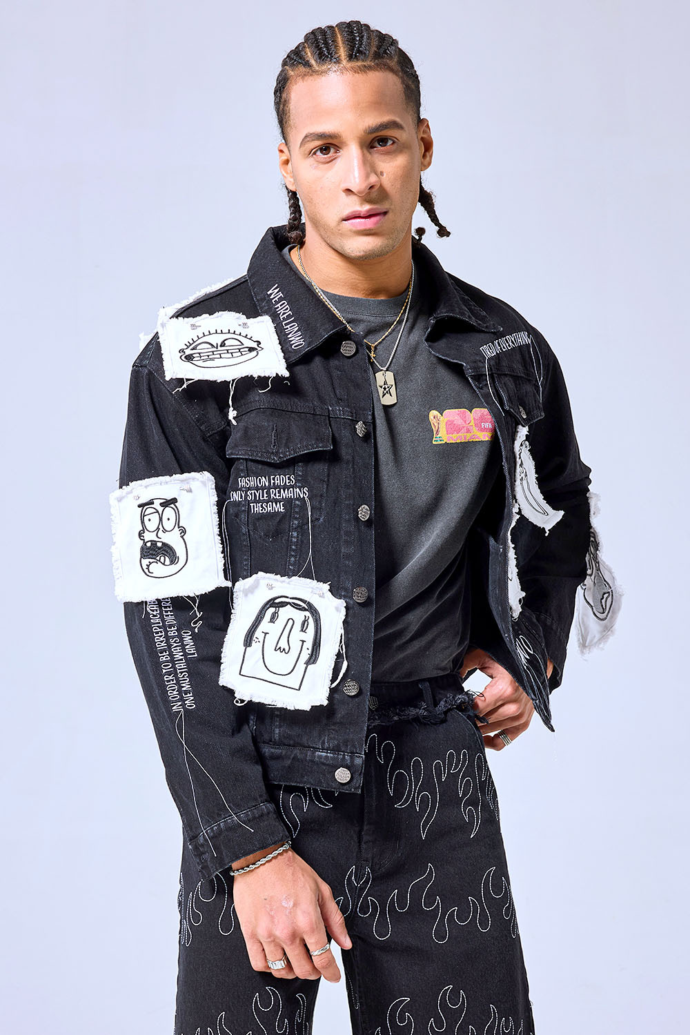 OEM Custom Logo Vintage Black Denim Jacket - Cartoon Patchwork Graffiti Streetwear Trucker Jacket