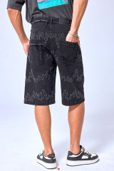 OEM Custom Logo Vintage Black Wash Flame Embroidery Denim Shorts - Baggy Streetwear Jorts