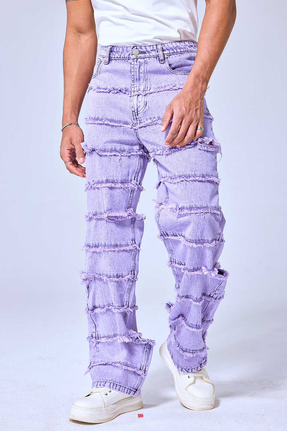 OEM Custom Logo Purple Acid Wash Stacked Fringe Denim Pants - Baggy Distressed Streetwear Jeans