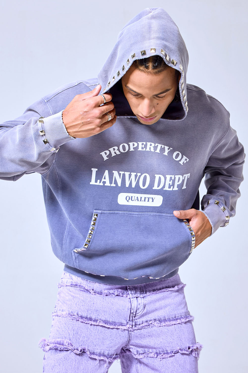 OEM Custom Logo Vintage Washed Purple Studded Hoodie - Heavyweight Streetwear Cropped Boxy Sweatshirt