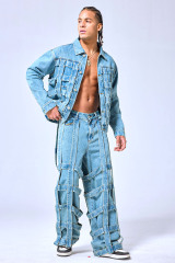 OEM Custom Logo Vintage Light Wash Cage Weave Denim Set - Oversized Streetwear Jacket & Baggy Pants Two-Piece