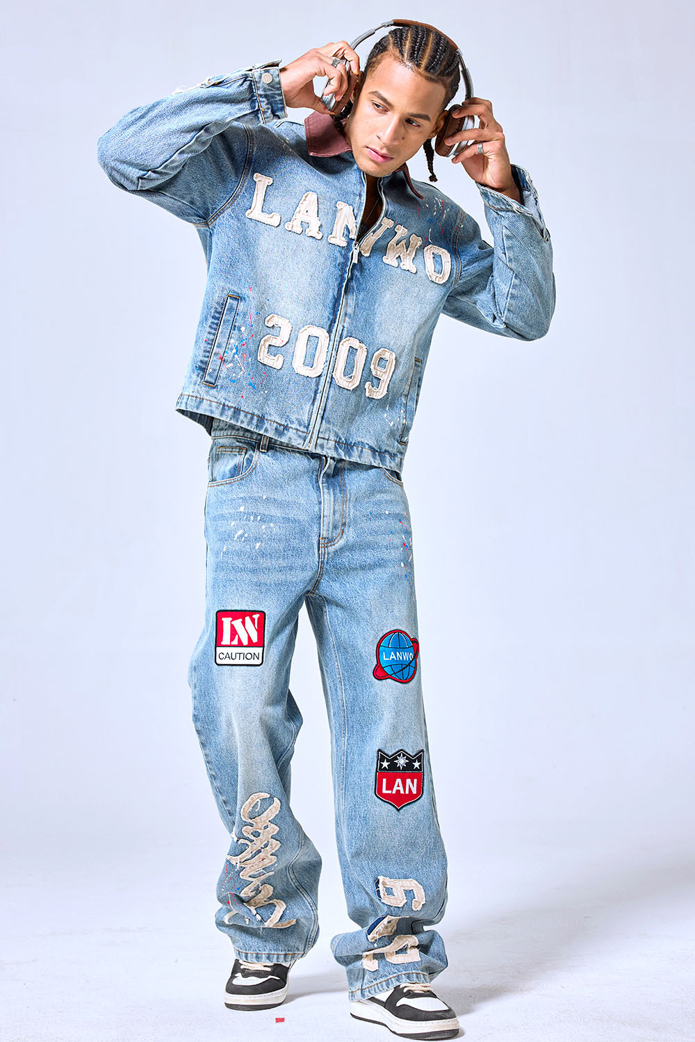 OEM Custom Logo Vintage Light Wash Patchwork Denim Set - 2009 Letterman Style Jacket & Baggy Pants Two-Piece Streetwear