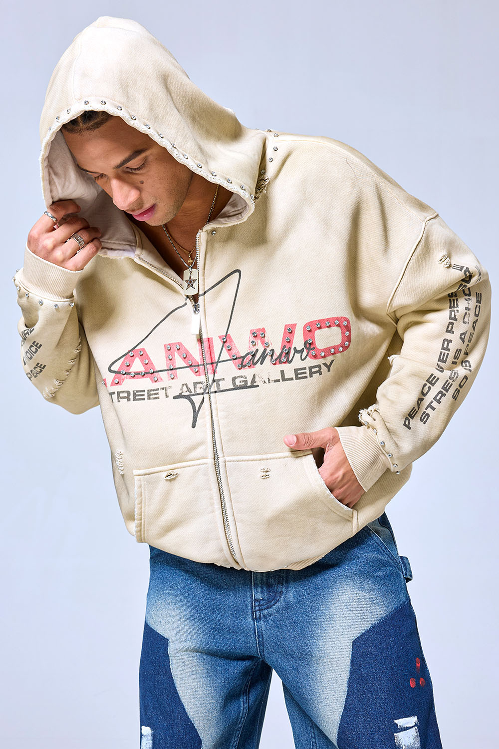OEM Custom Logo Vintage Washed Beige Studded Zip-Up Hoodie - Distressed Street Art Gallery Oversized Hoodie