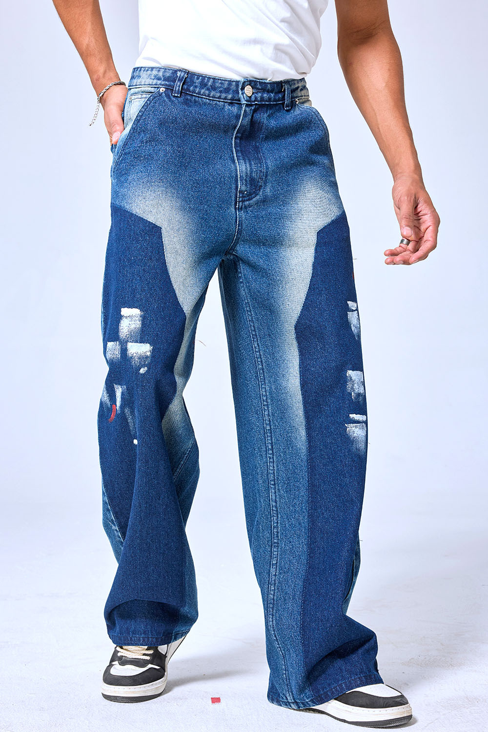 OEM Custom Logo Vintage Blue Gradient Brushstroke Wide Leg Denim Pants - Baggy Streetwear Artistic Jeans