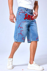 OEM Custom Logo Vintage Light Wash Graffiti Lightning Denim Shorts - Baggy Streetwear Jorts With LANWO Graphic
