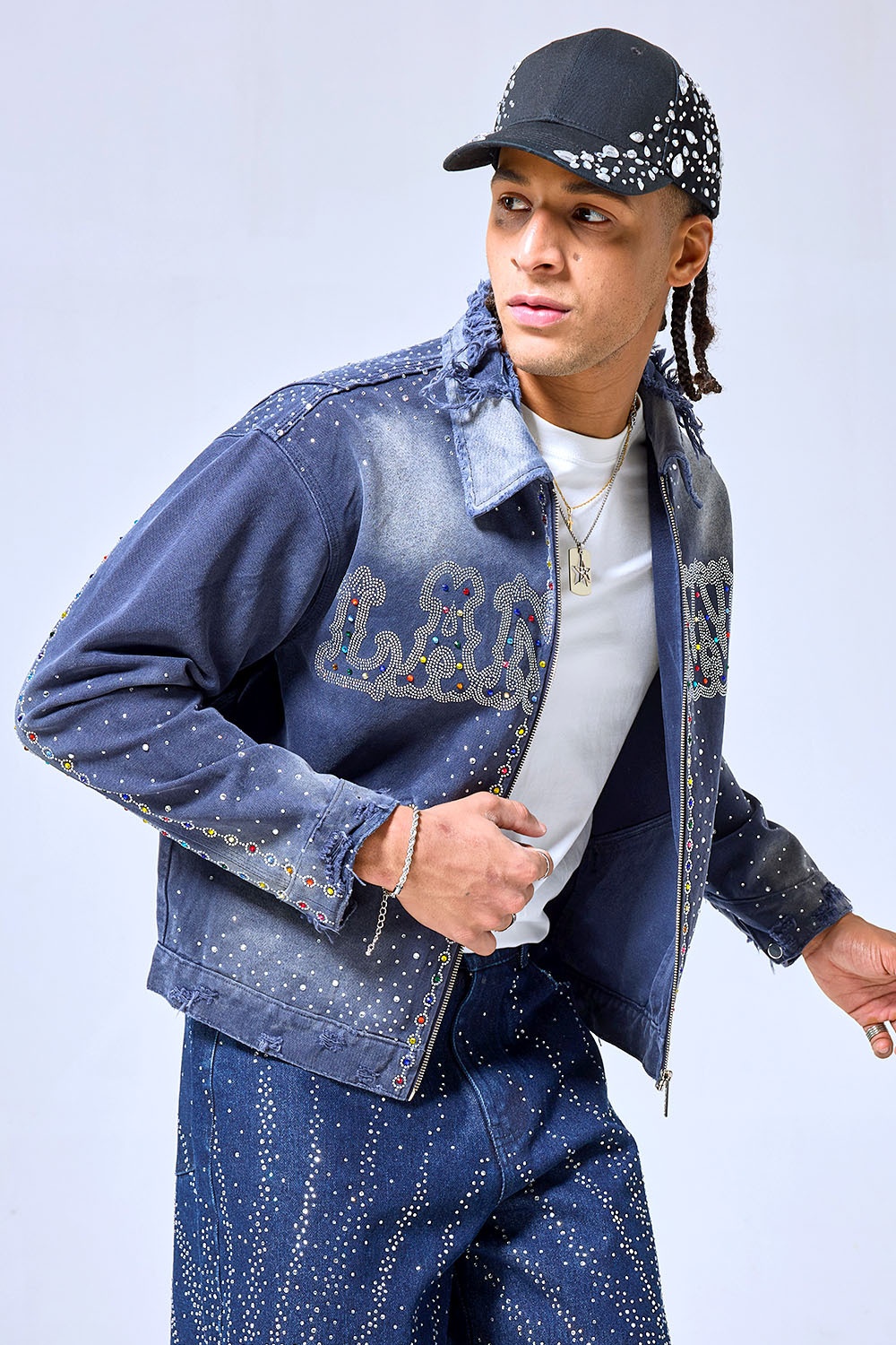 OEM Custom Logo Vintage Washed Blue Rhinestone Denim Jacket - Distressed Y2K Streetwear Studded Trucker Jacket
