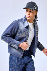OEM Custom Logo Vintage Washed Blue Rhinestone Denim Jacket - Distressed Y2K Streetwear Studded Trucker Jacket