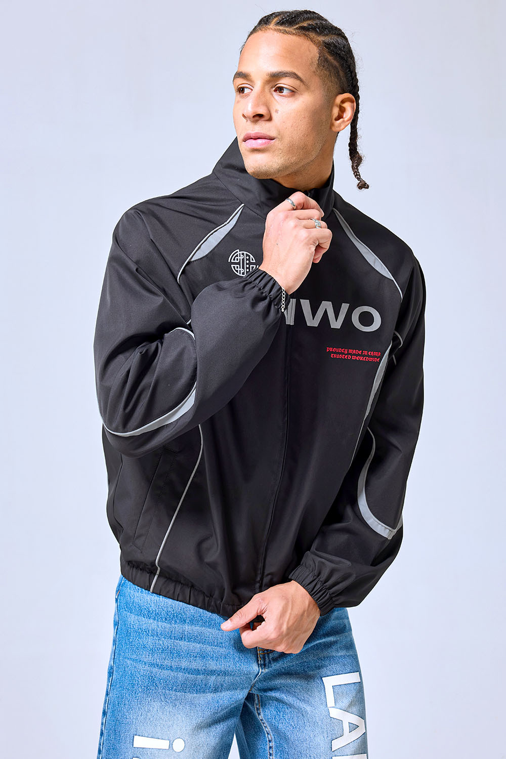 OEM Custom Logo Black Reflective Panel Track Jacket - Y2K Sportswear Streetwear Windbreaker
