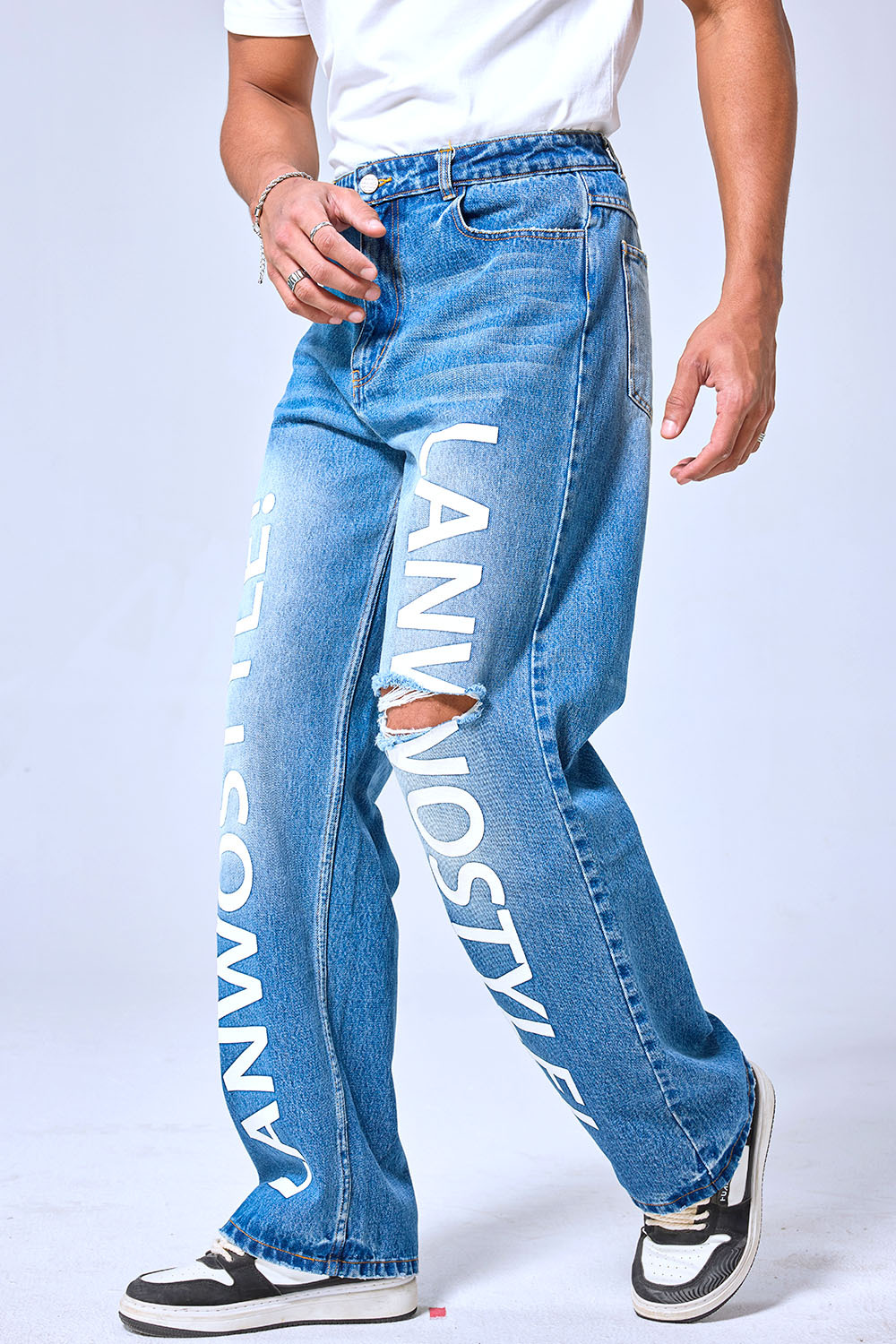 OEM Custom Logo Light Wash LANWO Style Graffiti Print Jeans - Baggy Distressed Streetwear Wide Leg Denim Pants