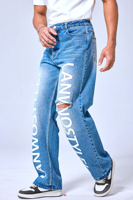 OEM Custom Logo Light Wash LANWO Style Graffiti Print Jeans - Baggy Distressed Streetwear Wide Leg Denim Pants