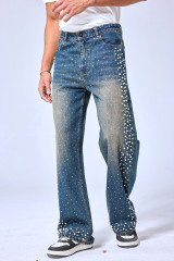 OEM Custom Logo Vintage Washed Pearl & Rhinestone Wide Leg Denim Pants - Baggy Streetwear Sparkly Jeans
