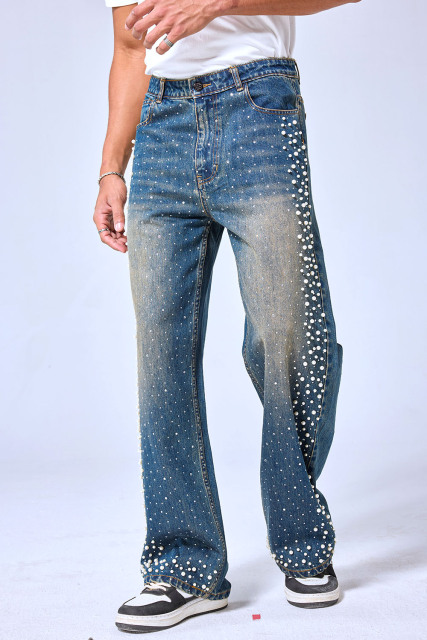 OEM Custom Logo Vintage Washed Pearl & Rhinestone Wide Leg Denim Pants - Baggy Streetwear Sparkly Jeans