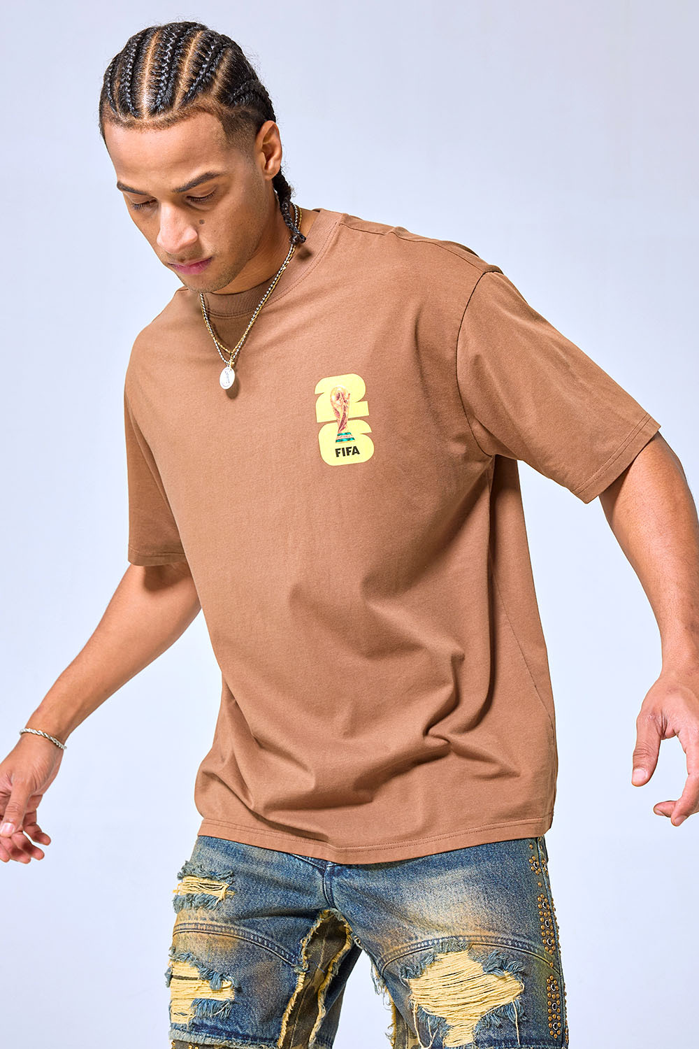OEM Custom Logo Brown Oversized 2026 FIFA World Cup Graphic T-Shirt - Streetwear Boxy Cotton Tee