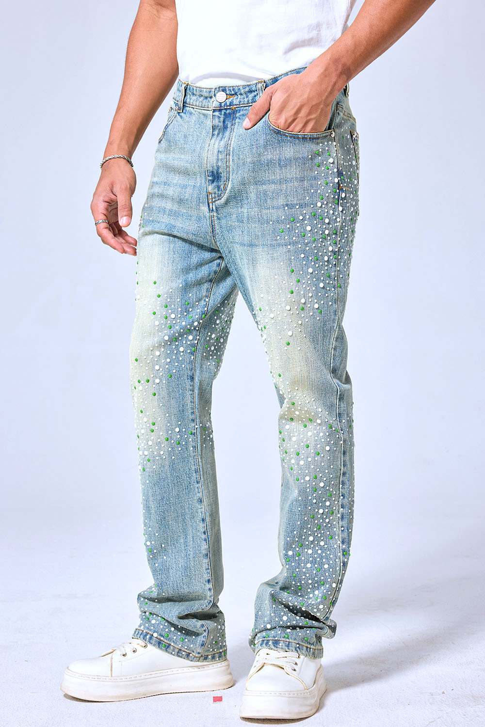 OEM Custom Logo Vintage Light Wash Green & White Rhinestone Stacked Flare Denim Pants - Streetwear Sparkly Jeans