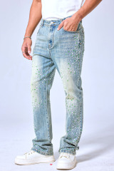 OEM Custom Logo Vintage Light Wash Green & White Rhinestone Stacked Flare Denim Pants - Streetwear Sparkly Jeans