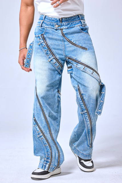 OEM Custom Logo Vintage Light Wash Multi-Zipper Wide Leg Denim Pants - Deconstructed Streetwear Baggy Jeans
