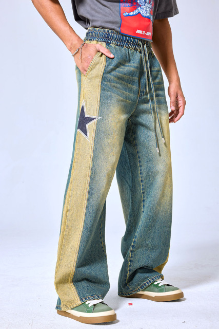 OEM Custom Logo Vintage Two-Tone Star Patch Elastic Waist Wide Leg Jeans - Streetwear Baggy Denim Pants