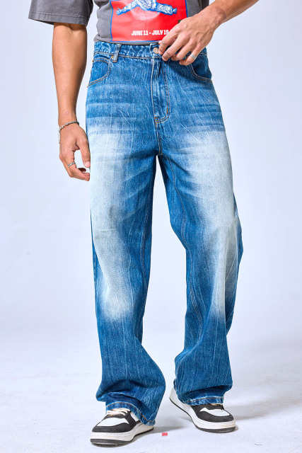 OEM Custom Logo Vintage Faded Blue Wide Leg Baggy Jeans - Streetwear Washed Denim Pants
