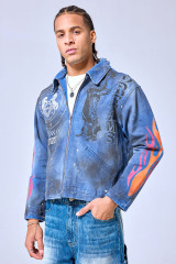 OEM Custom Logo Vintage Washed Blue Flame Print Denim Jacket - Distressed Y2K Streetwear Graphic Trucker Jacket