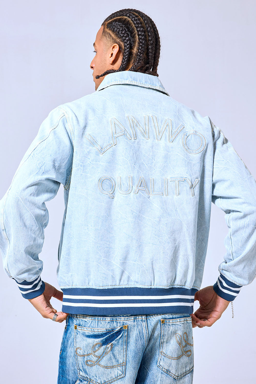 OEM Custom Logo Light Wash Denim Varsity Jacket - Casual Streetwear Embroidered Letterman Style Coat