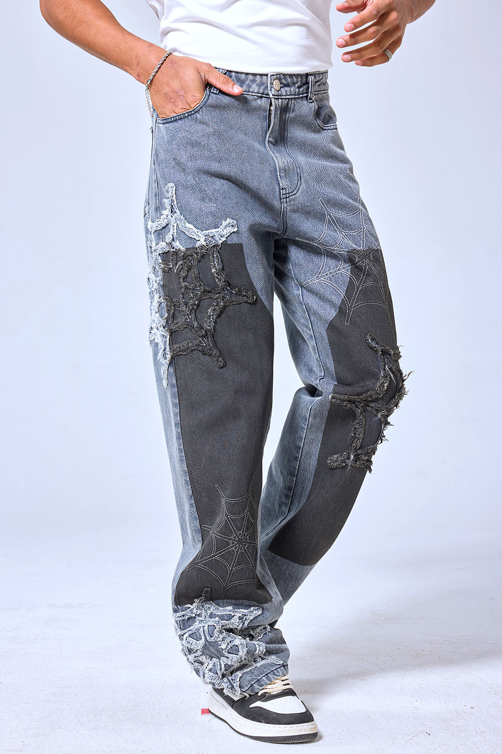 OEM Custom Logo Spiderweb Patchwork Baggy Jeans - Gothic Streetwear Distressed Wide Leg Denim Pants
