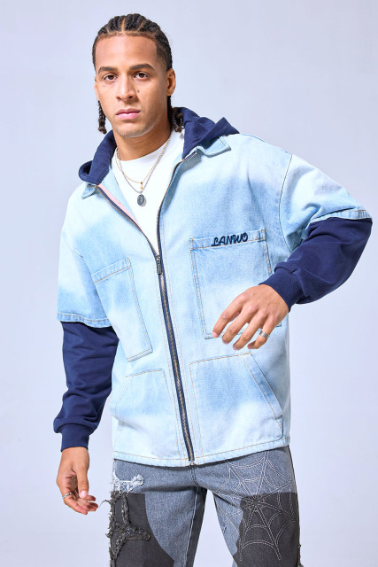 OEM Custom Logo Two-Tone Denim Hoodie Jacket - Layered Streetwear Zip-Up Shirt
