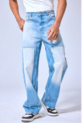 OEM Custom Logo Two-Tone Patchwork Baggy Jeans - Vintage Washed Wide Leg Denim Pants