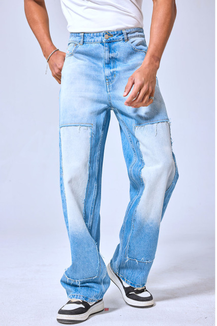 OEM Custom Logo Two-Tone Patchwork Baggy Jeans - Vintage Washed Wide Leg Denim Pants