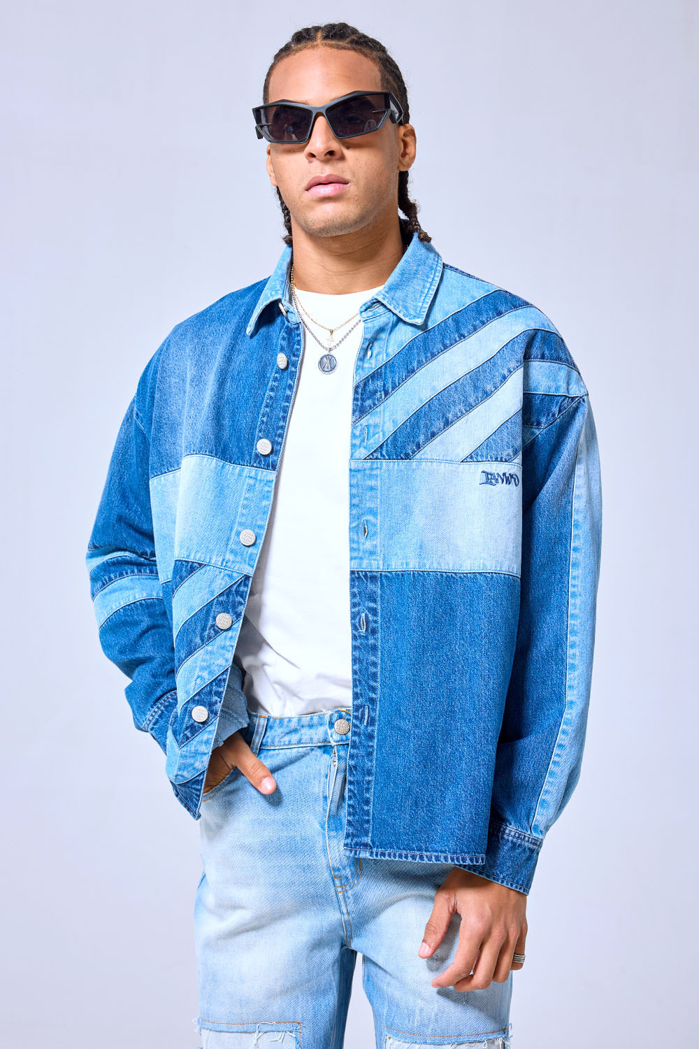 OEM Custom Logo Patchwork Denim Shirt Jacket - Color Block Streetwear Button-Up Shacket