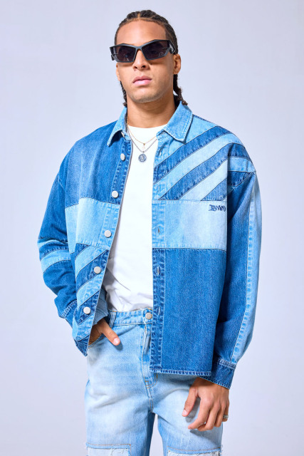 OEM Custom Logo Patchwork Denim Shirt Jacket - Color Block Streetwear Button-Up Shacket