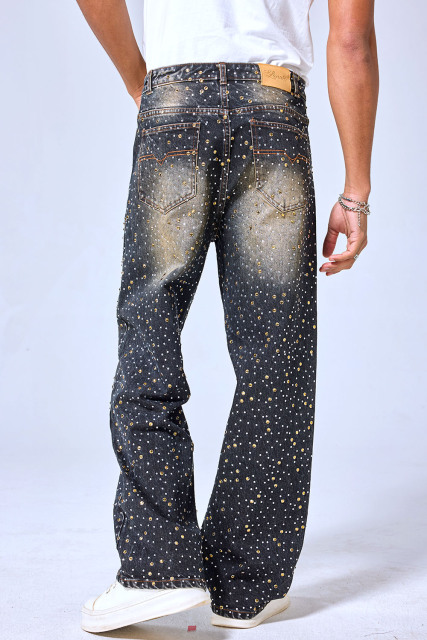 OEM Custom Logo Rhinestone Studded Baggy Jeans - Vintage Black Wash Wide Leg Denim Pants