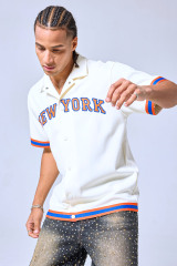 OEM Custom NEW YORK Chenille Embroidered Baseball Shirt - Retro Streetwear Short Sleeve Button-Up