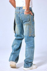 OEM Custom Floral Embroidered Baggy Jeans - Vintage Washed Blue Wide Leg Streetwear Denim Pants