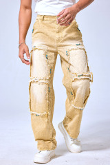 OEM Custom Turquoise Studded Patchwork Baggy Jeans - Vintage Sand Wash Wide Leg Streetwear Denim Pants