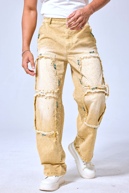 OEM Custom Turquoise Studded Patchwork Baggy Jeans - Vintage Sand Wash Wide Leg Streetwear Denim Pants