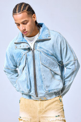 OEM Custom Logo Light Wash Denim Bomber Jacket - Streetwear Multi-Zip Deconstructed Coat