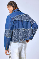 OEM Custom Zebra Print Patchwork Denim Jacket - Distressed Raw Edge Streetwear Zip-Up Coat