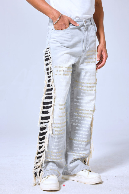 OEM Custom Embroidered Poem Baggy Jeans - Light Wash Fringe Side Stripe Streetwear Denim Pants