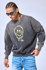 OEM Custom Melting Smiley Distressed Crewneck Sweatshirt - Vintage Washed Black Streetwear Pullover