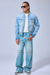 OEM Custom Logo Vintage Light Wash Stand Collar Denim Jacket - Cropped Boxy Streetwear Trucker Jacket