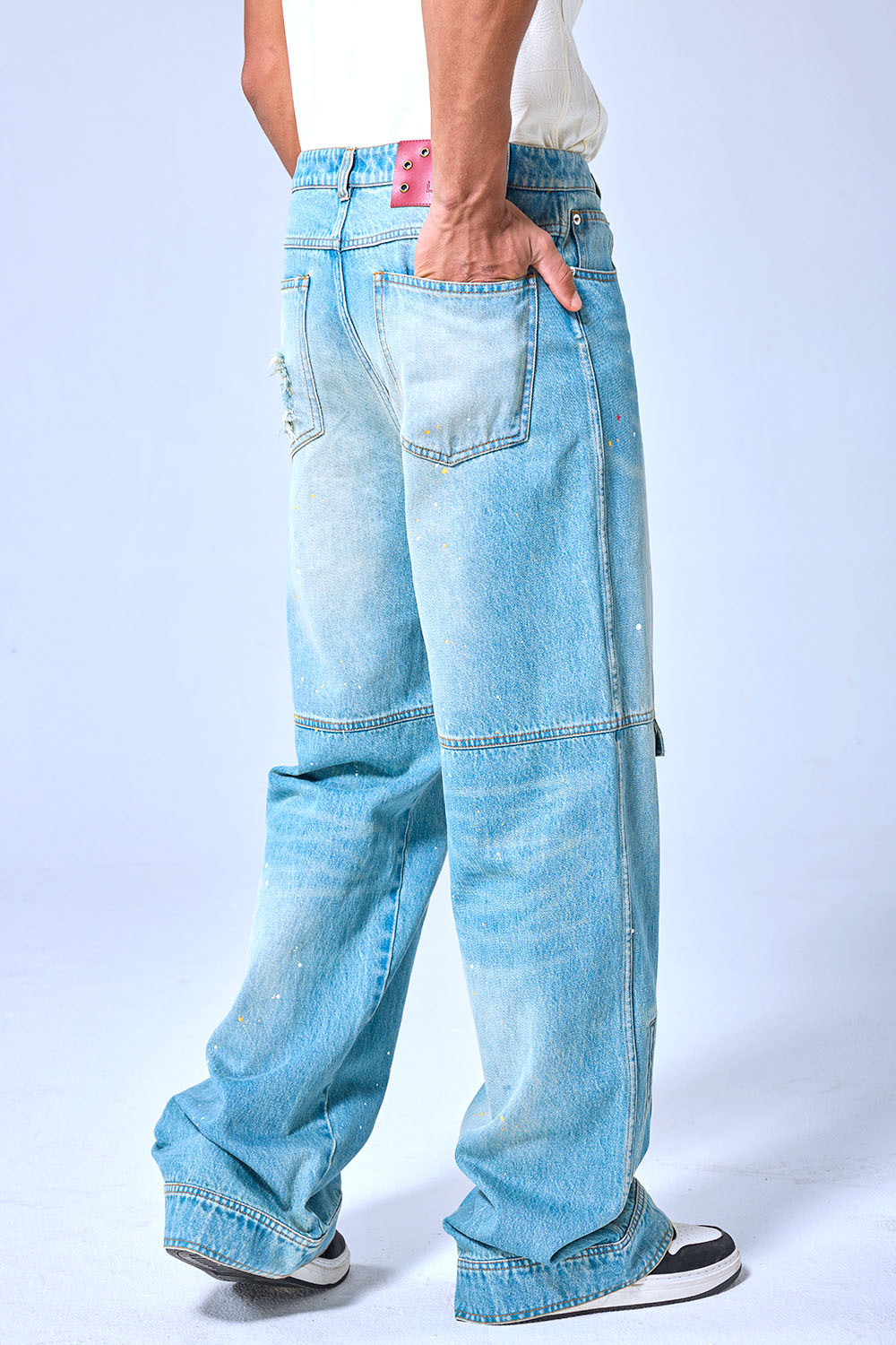 OEM Custom Logo Vintage Light Wash Paint Splatter Cargo Wide Leg Denim Pants Streetwear Baggy Jeans